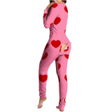 Heart Print Pajamas Jumpsuit with Butt Flip Home Clothes Valentine's Day Onesie