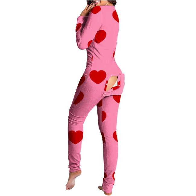 Heart Print Pajamas Jumpsuit with Butt Flip Home Clothes Valentine's Day Onesie