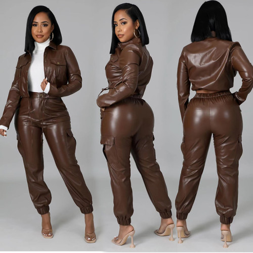 Women's PU Leather Pocket Short Jacket and Pants Two Piece Set