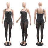Colorful Rhinestone Mesh Cami Bodycon Jumpsuit