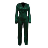 Sexy V-Neck Lantern Sleeve Shiny PU Leahter Fashion Jumpsuit Wholesale