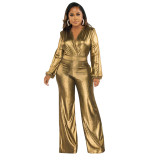 Sexy V-Neck Lantern Sleeve Shiny PU Leahter Fashion Jumpsuit Wholesale