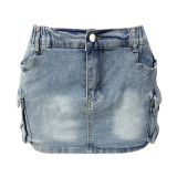 Denim Stretchy Cargo Skirt wih Pockets