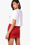 Red Denim High Waisted Ripped Bodycon Skirt