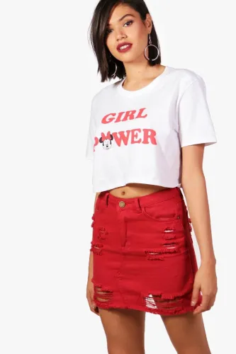 Red Denim High Waisted Ripped Bodycon Skirt