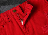 Red Denim High Waisted Ripped Bodycon Skirt