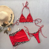 Sexy Leopard Print Two Way Drawstring Three-Piece Bikini Swimsuit