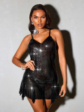 Low Back Metal Sequins Strap V-Neck Sexy High Slit Club Dress