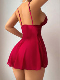 Erotic Lingerie Sexy Red Straps V-Neck Lace Mesh Night Dress