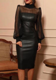 Black Elegant Mesh Long Sleeve Patchwork Pu-Leather Dress