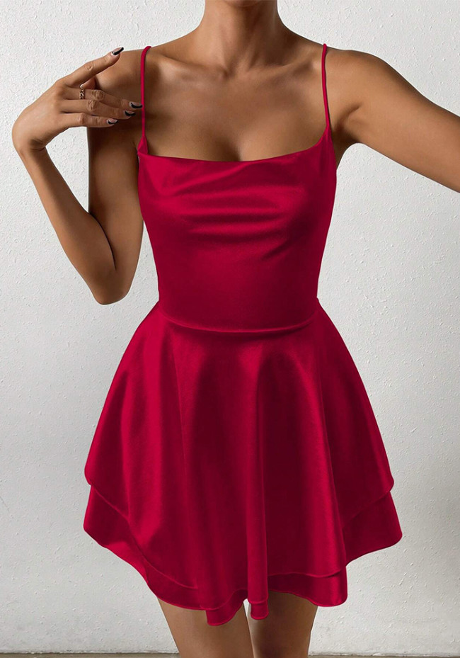 Sexy Red Backless Lace-Up Straps Satin Layer Dress