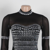 Sexy Rhinestone See-Through Mesh Patchwork Slit Night Club Dress