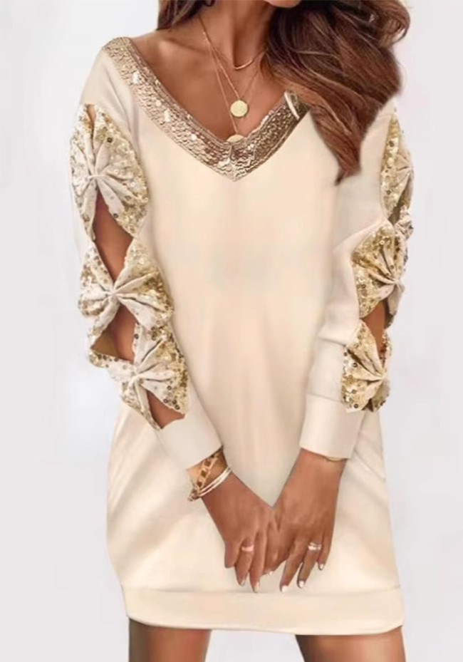 Fashionable V-Neck Bow Decoration Hollow Sequin Dress