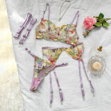Sexy Lingerie Embroidered Floral Bra Pantie Garter Lingerie Set