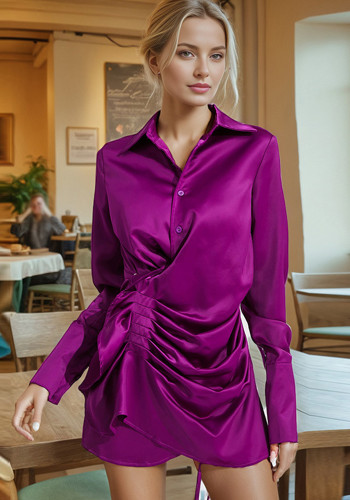Sexy Satin Purple Pleated Shirt Dress