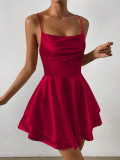 Sexy Red Backless Lace-Up Straps Satin Layer Dress