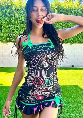 Fashion Print Lace-Up Strap Bodycon Mini Dress