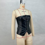 Pu Leather Button Slim Sexy Low Back Strapless Top