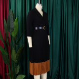Blazer Collar Fashion Colorblock OL Elegant Pleated High Waist Office Dress with Belt