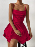Sexy Red Backless Lace-Up Straps Satin Layer Dress