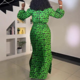 Sexy Print Drawstring Slim Waist Slit Long Dress