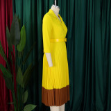 Blazer Collar Fashion Colorblock OL Elegant Pleated High Waist Office Dress with Belt