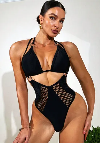 Hollow Mesh Black Sexy Halter High Waist Lace-Up Bikini Swimsuit