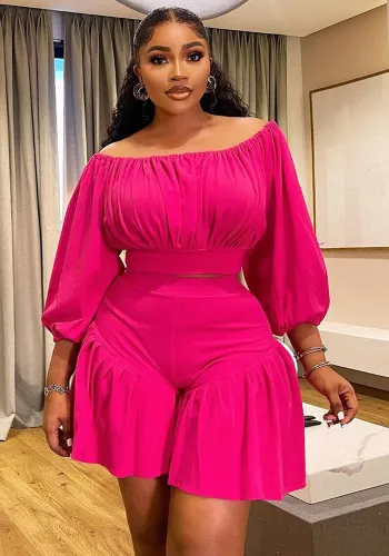 Plus Size Solid Pleated Off Shoulder Slim Waist Casual Two-Piece Shorts Set