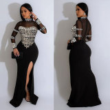 Sexy Rhinestone See-Through Mesh Patchwork Slit Night Club Dress