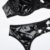PU Leather Three-Piece Lingerie Sexy Hollow Low Back Gathered Bra Set