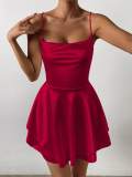 Sexy Red Backless Lace-Up Straps Satin Layer Dress