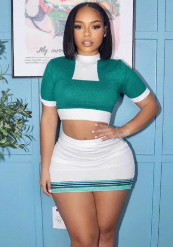 Sexy Contrast Knitting Crop Top and Mini Skirt 2 Piece Set