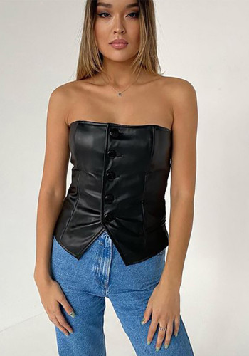 Pu Leather Button Slim Sexy Low Back Strapless Top