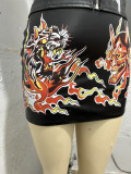 Fashion Tight 2-Piece Set PU Leather Halter Sexy Lace-Up Printed Top and Skirt