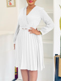 Solid V-Neck Pleated Midi Dress with Belt