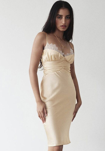 Sexy Lace Trim Low Back Slim Straps Ruched Dress