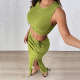 Green Textured Sleeveless Crop Tank Top Split Long Skirt Two-Piece Set