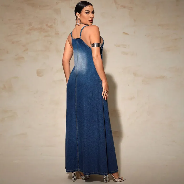 Denim Straps Casual Maxi Dress