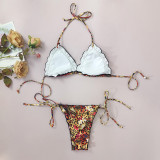 Sexy Leopard Floral Print Lace-Up Ruffled Bikini Swimsuit