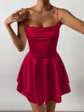 Sexy Red Backless Lace-Up Straps Satin Layer Dress