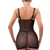 PU Leather Night Dress Mesh Patchwork Low Back V-Neck Suspender Sexy Lingerie