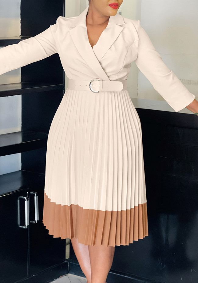 Blazer Collar Fashion Colorblock OL Elegant Pleated High Waist Office Dress with Belt
