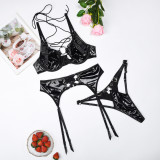 PU Leather Three-Piece Lingerie Sexy Hollow Low Back Gathered Bra Set
