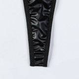 Black PU Leather Teddy Lingerie Metal Chain Halter Fringe Hollow Sexy Bodysuit