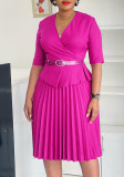 Solid Half Sleeve V-neck Pleated Belted African dress