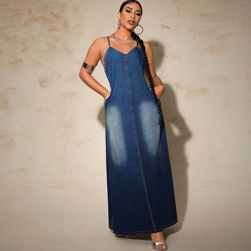 Denim Straps Casual Maxi Dress