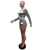 Black White Striped Lace-up Turndown Collar Long Sleeve Top and Shorts 2 piece Set