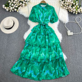 Tie-Dye Print Puff Sleeve Stand Collar Slim Waist A-Line Layer Long Dress