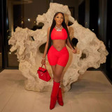 Fashion Red Sleeveless Crop Tank Top V Waist Shorts 2 Piece Set