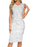Round Neck White Sleeveless Split Sequin Dress